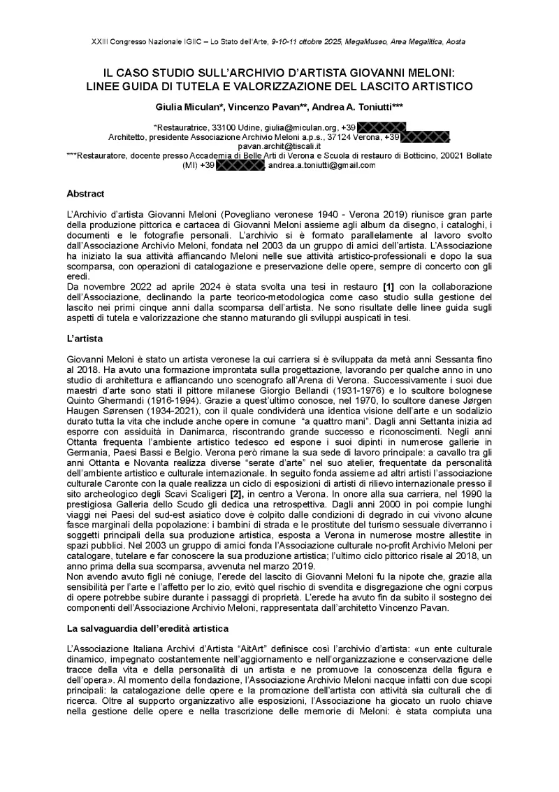 Il caso studio sull'Archivio d'Artista Giovanni Meloni: linee guida di tutela e valorizzazione del lascito artistico.